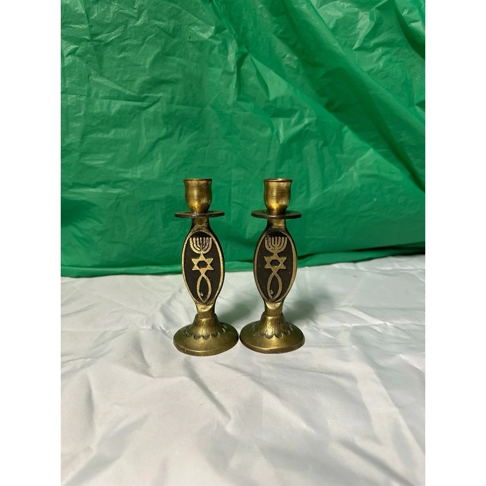 Vintage Brass Judaica Candle Holders Set of 2‎ Star of David Menorah